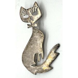 Vintage 50s 60s Signed Taxco Mexico Sterling Silver Cat Pin / Brooch Kitty
